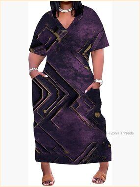 Plus Size African Print Maxi Dress Loose Fit with Pockets Short Sleeve V-Neck